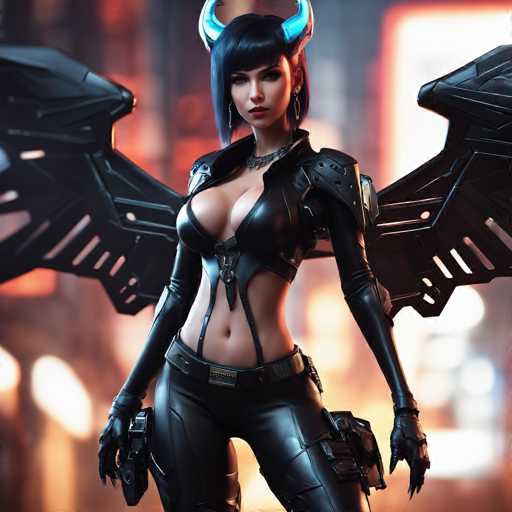 This image depicts a highly detailed, computer-generated female character, likely from a video game or animated series. She has striking black hair styled in a bob cut with bangs, and her hair is further accentuated by two glowing blue horns protruding from the sides of her head. Her skin is a light tan, and she has a serious expression on her face, with her gaze directed straight at the viewer.

Her attire is a form-fitting, black leather outfit that emphasizes her figure. The top of the outfit is open, revealing her cleavage and part of her midriff, while the long sleeves cover her arms down to her hands. She wears black leather gloves and a belt with a gun holster on her right hip. Additionally, she has a small device strapped to her left thigh.

The character's wings are a prominent feature, extending from her back. These wings are black with intricate cutouts and have a mechanical appearance, adding to her formidable presence. The background of the image is blurred, filled with indistinct lights and shapes, which further highlights the character's detailed design.