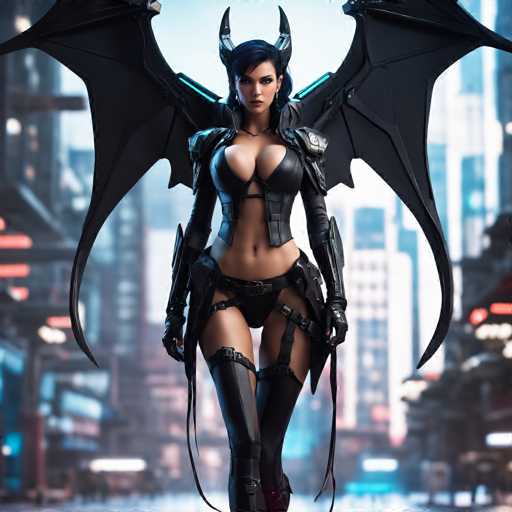 The image depicts a striking, AI-generated female character standing confidently in the center of a futuristic cityscape. She has dark blue hair styled in a bob with bangs, and her face is adorned with dark makeup, including lipstick and eye shadow. Her attire is a form-fitting, black leather outfit that accentuates her curvaceous figure, featuring a bra-like top that exposes her midriff and long sleeves. She wears thigh-high black boots with straps, and a belt with holsters on her hips, suggesting she might be armed. Her most notable features include large, black bat-like wings extending from her back and two prominent horns protruding from her head. The background is a blurred, neon-lit cityscape with towering skyscrapers, adding to the sci-fi atmosphere of the scene.