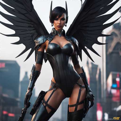 The image depicts a striking female character, likely from a video game or animated series, set against a blurred cityscape backdrop. She has short black hair with a side bang, and her face is adorned with red lipstick and eye shadow. Her attire is a form-fitting black leather bodysuit that extends from her neck to her thighs, complemented by thigh-high black boots. She wears black gloves and a black armband on her right arm, which also features a gun holster. Her shoulders are protected by black shoulder pads, and she has large, intricate black wings that resemble feathers or bat wings. The character's pose is dynamic, with her body angled to the left while she looks directly at the viewer. The background includes a mix of gray and brown buildings, with some neon signs visible on the right side. In the bottom right corner of the image, there is a small logo with the letters "SE" in yellow.