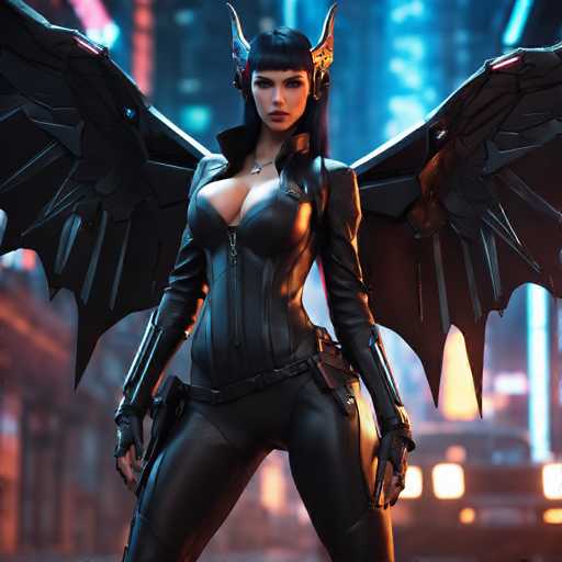 The image depicts a striking, computer-generated female character set against a blurred cityscape background. She has long, dark hair with bangs and is adorned with a golden headpiece featuring two horn-like protrusions. Her outfit is a form-fitting, black leather bodysuit with a high collar, a zipper running down the front, and long sleeves. The bodysuit is designed to accentuate her figure, particularly her large chest. She wears fingerless gloves and a belt with a holster on her right hip, suggesting she is armed. Her legs are clad in tight black pants. Adding to her formidable appearance are large, mechanical-looking black wings extending from her back, with intricate details and pointed tips. The background is a mix of red and blue hues, with indistinct buildings and a car, emphasizing the character's prominence in the image.