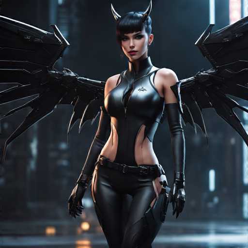 A woman with black hair and a red lip is standing against a dark background that includes a city skyline and neon lights. She is wearing a black leather outfit with wings on her back and gloves on her hands.