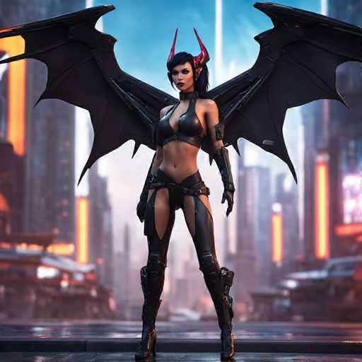 In this captivating image, a striking female character stands confidently in the foreground, set against a blurred backdrop of towering skyscrapers and a bustling cityscape. The scene is bathed in the warm hues of a setting sun, with vibrant orange lights illuminating the buildings and casting a dramatic glow over the scene. The ground beneath her is a sleek, reflective black, adding to the futuristic ambiance.

The character herself is a formidable presence, adorned in a sleek black leather outfit that accentuates her curves. Her attire includes a bra-like top and a skirt that reveals her midriff, complemented by thigh-high boots that extend up to her thighs. She wears a belt with a prominent buckle, adding a touch of edgy elegance to her ensemble. Her long black hair cascades down, framing her face, which is marked by a serious expression and bold red lipstick. A choker adorns her neck, further enhancing her fierce look.

Adding to her otherworldly appearance, she sports a pair of large, black bat wings that spread majestically behind her. Her ears are pointed, and a pair of red devil horns protrude from her head, completing her striking and formidable look. The overall composition of the image creates a powerful and mesmerizing visual narrative.