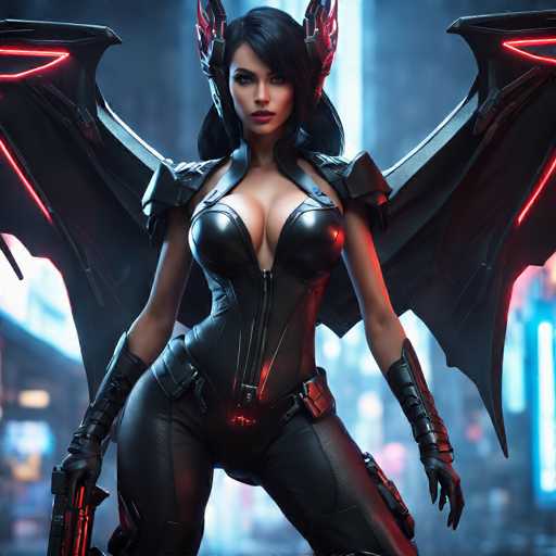 The image depicts a highly detailed, computer-generated female character, likely from a video game or animated movie. She stands confidently in the center of the frame, facing the viewer with a serious expression. Her long, dark black hair cascades down to her shoulders, and she wears striking red lipstick. She is dressed in a form-fitting black leather bodysuit that accentuates her curves, particularly her large chest. The bodysuit features a prominent zipper running up the front, and she has black leather gloves extending up to her elbows. 

Her attire includes black leather pants and a belt with a red buckle, from which a gun is holstered on her right side. She also sports black shoulder pads and a pair of mechanical wings that are black with red lights, adding to her formidable appearance. The background is blurred, suggesting an outdoor setting with indistinct buildings and lights, emphasizing the character's detailed design. The overall color palette of the image includes shades of black, red, gray, blue, and white, contributing to the futuristic and intense atmosphere.