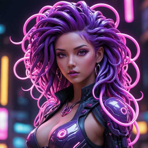 This image features a striking, computer-generated depiction of a woman with an otherworldly appearance. She has long, flowing hair that transitions from a deep purple at the roots to a lighter shade at the ends, with strands curling and swirling around her head. Her hair is adorned with glowing pink highlights that add a mystical touch. The woman's face is framed by dark eyebrows and long, thick eyelashes, and she wears a subtle shade of purple lipstick that complements her hair. She is dressed in a form-fitting, purple outfit that appears to be made of leather or plastic, with a high collar and a chest plate that reveals her cleavage. The outfit also features glowing pink accents, particularly on the shoulders and chest plate. She accessorizes with large, hoop earrings that dangle from her ears. The background is a blurred cityscape, illuminated by neon lights in shades of pink, yellow, and blue, which enhance the futuristic and sci-fi ambiance of the scene.