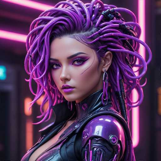 The image shows a close-up portrait of a woman with long purple hair styled in an intricate and unique manner. She is wearing a black leather jacket that contrasts with her vibrant hair color. The background features neon pink lights, adding to the futuristic and edgy atmosphere of the scene.