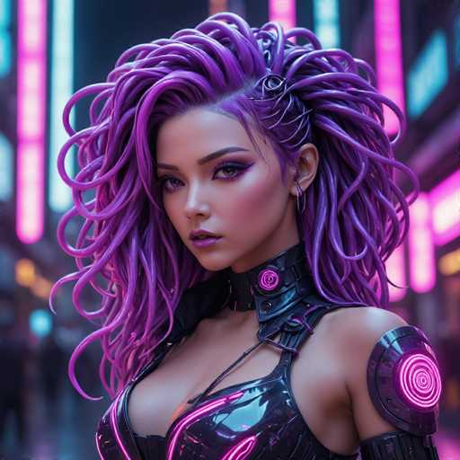 This image portrays a highly detailed, computer-generated depiction of a futuristic female character. She is adorned in a sleek, black leather outfit that accentuates her chest and shoulders. The ensemble is intricately designed with a low neckline, revealing a hint of cleavage, and features striking pink accents that add a touch of allure. Her right shoulder is protected by a metallic plate, which is adorned with a glowing pink spiral at its center, adding a cyberpunk aesthetic to her appearance.

Her hair is a mesmerizing blend of purple and pink, styled in a manner reminiscent of Medusa's serpentine locks. The strands are meticulously arranged, with some sections pulled back and secured with a black clip, while the rest cascades down in wild, curly waves, adding a dynamic and chaotic element to her look.

The background is a blurred, neon-lit cityscape, with indistinct figures and glowing lights that create an atmosphere of bustling urban energy. The character stands out sharply against this hazy backdrop, her detailed features and vibrant colors drawing immediate attention. She gazes directly at the viewer, her expression serious and captivating, with a hint of mystery in her eyes. Her lips are painted a bold purple, completing her futuristic and enigmatic appearance.