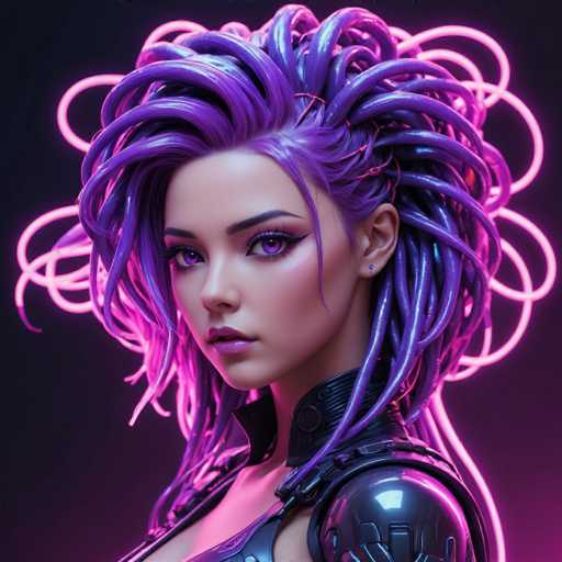 This image features a highly detailed, computer-generated depiction of a young woman, possibly in her late teens or early twenties. She has a striking appearance with long, purple hair styled in dreadlocks that cascade down to her shoulders. Her hair is adorned with pink neon lights that add a futuristic touch to her look. Her eyes are a vivid purple, matching her lipstick, and she has a small stud earring in her left ear. She is dressed in a sleek, black leather outfit that includes a high collar and shoulder pads, giving her a somewhat robotic or futuristic appearance. The background is a dark purple, enhancing the neon lights and her overall striking presence. The image captures her from the chest up, with her head slightly turned to the left, showcasing her detailed makeup and the intricate design of her attire.