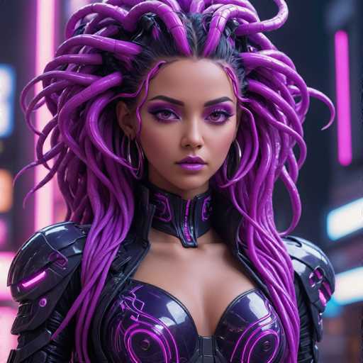 This image features a striking, computer-generated female character with a unique and captivating appearance. She has a tan complexion and is adorned with elaborate purple makeup, including vibrant purple eyeshadow and matching lipstick. Her eyes are a mesmerizing shade of purple, complementing her overall aesthetic. 

Her hair is particularly eye-catching, resembling Medusa's with its intricate mix of black and purple strands. Some sections of her hair are straight, while others are styled into braids, all interwoven with purple accents. She wears large hoop earrings that add to her bold look.

Her attire is equally impressive, featuring a high-collared black leather outfit that extends up to her neck. The outfit is adorned with purple accents, including a zipper that runs up the front. Her shoulders are protected by black armor plates, which also feature purple highlights. The armor plates are designed with a distinctive shape, adding to the overall futuristic and warrior-like appearance of the character.