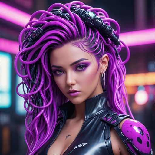 This image features a highly detailed, computer-generated depiction of a young woman, likely in her late teens or early twenties. She has striking green eyes and is adorned with purple eyeshadow and matching purple lipstick. Her hair is a vibrant mix of black and purple, styled in a unique way that resembles thick, rope-like strands. Some of these strands are intricately woven into her hair, while others appear to be mechanical components, including a black device with a red light and a circular component. Her hair is further embellished with a black headband that has a purple light.

Her attire consists of a black leather vest with a high collar, and a purple shoulder pad that features black holes. A small tattoo is visible on her chest. The background is blurred, filled with neon lights in shades of purple and orange, suggesting a futuristic or cyberpunk setting. The overall aesthetic of the image is highly stylized and futuristic, with a strong emphasis on the woman's unique and technologically enhanced appearance.