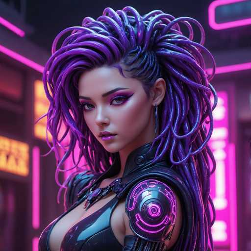 The image depicts a highly detailed, computer-generated female character, possibly from a video game or animated series. She has a striking appearance with long, purple dreadlocks that cascade down her back, and her eyes are accentuated with purple eyeshadow and matching lipstick. Her attire is a form-fitting, black leather outfit that reveals her cleavage, and she has a mechanical left shoulder adorned with a glowing purple circle. The background features a futuristic cityscape with tall buildings illuminated by neon pink and orange lights, adding to the sci-fi ambiance of the scene.