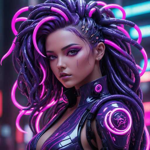 The image depicts a highly detailed, computer-generated or AI-generated female character, possibly from a video game or movie. She has a striking appearance with a blend of human and robotic features. Her skin is a light tan, and she has brown eyes accentuated by purple eyeshadow and matching purple lips. Her hair is a mix of purple and black, styled in intricate braids and dreadlocks, with some strands highlighted in pink. The most distinctive feature is her hair, which includes both natural and artificial elements, with some strands appearing to be made of plastic or metal.

She is dressed in a form-fitting, purple leather outfit that extends up to her neck, adorned with pink neon lights and intricate designs. The outfit includes a high collar and a circular emblem on her shoulder, which features a pink neon outline. The background is blurred, with hints of neon lights in blue, pink, and orange, suggesting a futuristic or cyberpunk setting. The overall image is square-shaped, with the character positioned centrally, looking directly at the viewer.