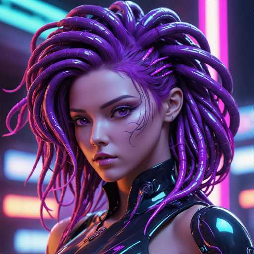 This image features a highly detailed, computer-generated depiction of a young woman with an otherworldly appearance. She has striking purple eyes and a unique hairstyle that resembles Medusa's serpentine locks, but with a futuristic twist. Her hair is composed of segmented, tube-like strands that are purple and shiny, giving it an almost metallic sheen. Some of these strands are straight, while others curl and twist, creating a dynamic and intricate look. Her eyebrows are dark and well-defined, and she has a small nose and full lips.

The woman is dressed in a sleek, black leather outfit that accentuates her futuristic aesthetic. The outfit includes a high collar that extends up to her neck, and her shoulders are bare, revealing more of her metallic skin. Her left shoulder is particularly notable, as it appears to be made of a shiny, reflective material, possibly metal or advanced synthetic fabric.

The background of the image is blurred, filled with neon lights in various colors such as pink, blue, and orange, which enhance the sci-fi atmosphere. The overall composition and lighting suggest that this is a high-quality digital artwork, possibly created for a video game or as concept art for a sci-fi project.