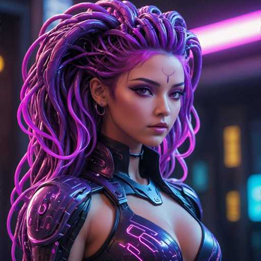 The image shows a close-up portrait of a woman with long purple hair styled in an intricate braided updo. The woman is wearing a futuristic outfit that includes a metallic bodysuit and a helmet with glowing lights on the sides. The background features neon lights and a blue wall, creating a futuristic atmosphere.