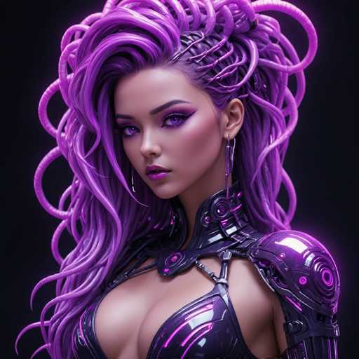 This image features a striking, computer-generated female character set against a black background. The character has an ethereal appearance, with long, flowing purple hair that cascades down to her waist. Her hair is intricately styled, with the top portion resembling tentacles and the sides featuring a braided design. She has a tanned complexion and captivating purple eyes that match her hair color. Her lips are painted a matching shade of purple, adding to her cohesive look.

Her makeup is bold and dramatic, with heavy purple eyeshadow and eyeliner that accentuates her eyes. She is adorned with long, silver earrings that dangle elegantly from her ears. The character's attire is equally impressive; she wears a form-fitting purple dress that reveals her cleavage. The dress is adorned with intricate purple lights and features a high collar that extends up to her neck, adding a touch of futuristic flair to her ensemble.