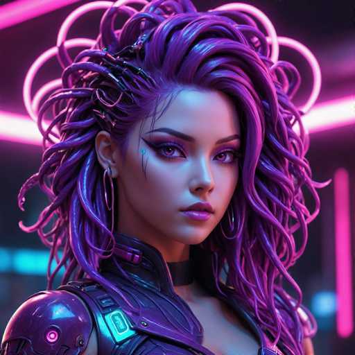 This image depicts a highly detailed, computer-generated female character, possibly from a video game or animated movie. She has striking, long, wavy hair that transitions from purple to blue, with some sections appearing almost metallic. Her hair is adorned with intricate mechanical elements, including wires and small metal pieces that give it a futuristic, robotic appearance. The character's face is framed by heavy purple eyeshadow and matching purple lips, with a distinctive blue dot on her right cheek. She wears large hoop earrings and a high-collared, metallic purple outfit that appears to be part leather, complete with a glowing green patch on her shoulder. The background is dark, illuminated by neon pink and blue lights, enhancing the sci-fi aesthetic of the scene.
