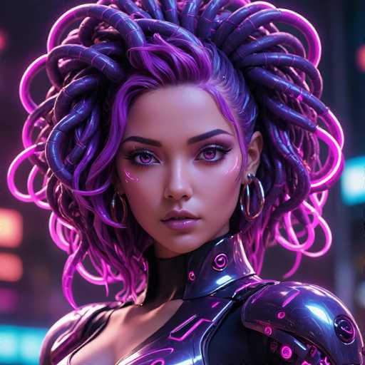 The image depicts a highly detailed, computer-generated female character, likely from a video game or animated series. She has a striking appearance with a blend of realistic and fantastical elements. Her skin is a light brown, and she has vibrant purple eyes that match her purple lipstick and hair. Her hair is styled in a unique way, with the front portion being short and curly, while the back portion resembles tentacles or braids, giving it a snake-like appearance. She is adorned with large gold hoop earrings and is dressed in a form-fitting, metallic outfit that is predominantly black with pink accents. The outfit includes a high collar that extends up to her neck, and her shoulders are covered by metallic plates. The background is blurred, featuring indistinct lights and colors, which further emphasizes the character's detailed and vivid design.