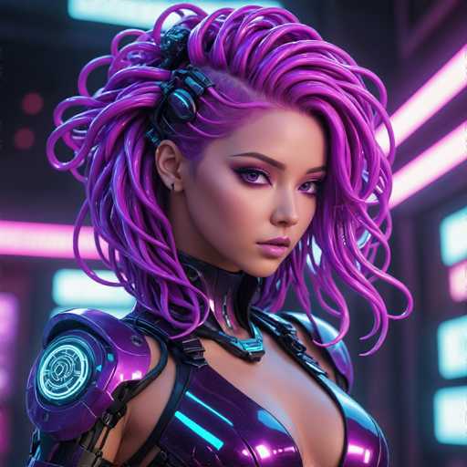 The image depicts a highly detailed, computer-generated female character, possibly from a video game or an AI-generated artwork. She has striking purple hair styled in a futuristic, almost robotic manner, with sections of hair resembling tubes or wires. Her hair is pulled back on one side and cascades down the other, adorned with a black barrette. She has purple eyes, purple lipstick, and a small earring in her right ear. Her attire is a form-fitting, purple leather outfit with a low neckline, revealing her cleavage. The outfit features a black collar and a glowing blue circle on her right shoulder. The background is a dark, futuristic setting with neon pink and blue lights, enhancing the sci-fi atmosphere of the image.