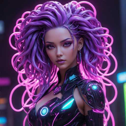 The image depicts a highly detailed, computer-generated female character, possibly from a video game or movie. She has a striking appearance with a tan complexion, purple eyes, and purple lips. Her hair is an elaborate mix of purple and pink, styled in a wild, frizzy manner that resembles a mass of squiggly lines or neon pink and purple wires. She is adorned with long, dangling earrings and is dressed in a sleek, black leather outfit that accentuates her chest and shoulders. The outfit features glowing elements, including a blue light on her chest and a circular light on her right shoulder. The background is dark, with blurred neon lights in shades of pink, blue, and green, adding to the futuristic and cyberpunk aesthetic of the scene.