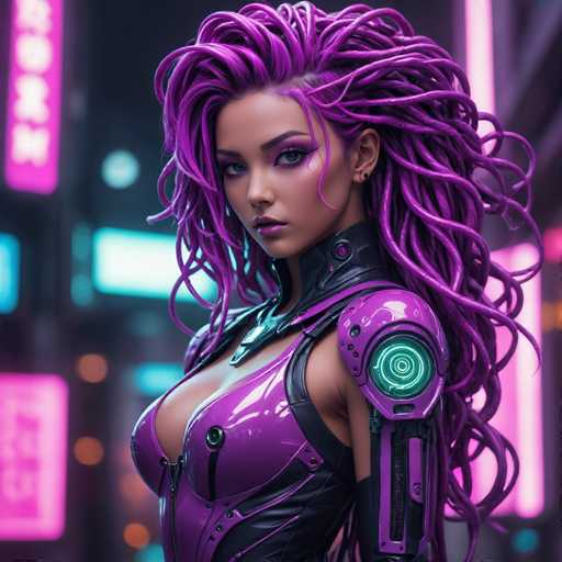 The image depicts a highly detailed, computer-generated female character, possibly from a video game or an AI-generated artwork. She has long, flowing purple hair styled in dreadlocks that cascade down her back. Her skin is a light tan, and she has striking blue eyes accentuated by purple eyeshadow. Her lips are painted a matching purple shade. She is dressed in a form-fitting, purple leather bodysuit with black leather accents, particularly around the neck and chest area. The bodysuit features a zipper running down the front, revealing a hint of cleavage. Her right arm is replaced with a robotic limb, adorned with a glowing green circle on the shoulder. The background is a blurred cityscape with neon signs, including a prominent pink sign with white text and a blue sign, adding to the futuristic and cyberpunk aesthetic of the scene.