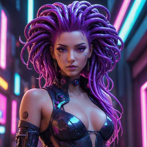 The image depicts a highly detailed, computer-generated or AI-generated scene featuring a woman with an extraordinary appearance. She has long, flowing purple hair that resembles tentacles or braided snakes, cascading down to her chest. Her skin is a light tan, and she has striking purple eyes accentuated by heavy makeup, including purple eyeshadow and lipstick. Her face is adorned with intricate black markings around her eyes and cheeks, resembling tattoos or face paint. She wears long, dangling earrings and a black leather choker with pink accents. Her attire is a form-fitting, black leather outfit that reveals her cleavage and shoulders, with a distinctive cutout on her chest. On her right arm, she sports a black leather bracer with a circular design. The background is a blurred cityscape illuminated by neon lights in shades of pink, blue, and yellow, adding to the futuristic and cyberpunk aesthetic of the scene.