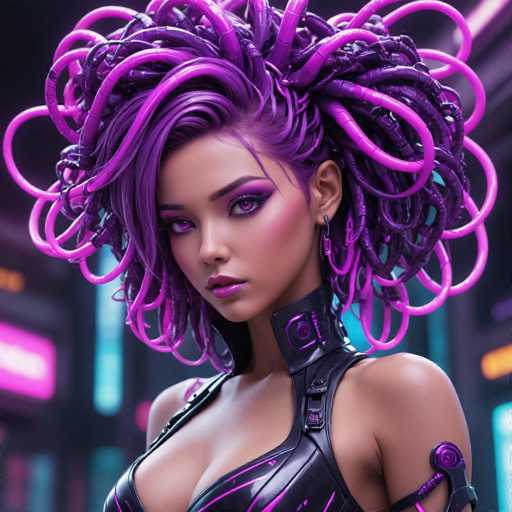 This image features a striking, computer-generated depiction of a woman with a futuristic, sci-fi aesthetic. She has a tan complexion and is adorned with elaborate purple makeup, including purple eyeshadow and lipstick. Her eyes are a mesmerizing shade of purple, matching her vibrant, multi-textured hair. The hair is predominantly purple, with sections that appear to be made of plastic or metal, giving it a unique, mechanical look. Some strands are straight, while others are curly or braided, adding to the complexity of her appearance.

Her attire is equally futuristic, consisting of a black leather outfit with purple accents. The outfit includes a high collar that extends up to her neck, and a strap that runs over her shoulder, suggesting a form-fitting, possibly revealing design. The background is a blurred mix of black, purple, and blue hues, with indistinct shapes that could be buildings or other structures, enhancing the overall sci-fi ambiance of the scene.