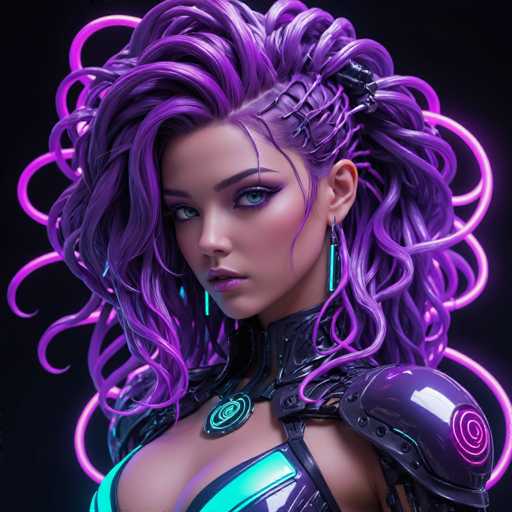 This image features a highly detailed, computer-generated depiction of a young woman, likely in her late teens or early twenties. She has striking, curly purple hair that cascades down to her chest, with a section shaved on the side and adorned with a black barrette. Her hair is further embellished with glowing pink and purple neon accents, adding to the futuristic aesthetic. She has light brown skin, blue eyes, and is wearing purple lipstick. Her attire is a form-fitting, metallic outfit that combines elements of leather and plastic, with a low-cut neckline revealing some cleavage. The outfit includes a black collar with a green circle in the middle, and a purple shoulder pad featuring a glowing pink swirl. She also sports long, dangling earrings that are green and blue. The background is black, enhancing the vivid colors of her outfit and hair, and there are glowing pink and purple neon lines behind her, contributing to the overall sci-fi vibe of the image.