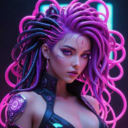 The image depicts a highly detailed, computer-generated female character with a futuristic and cyberpunk aesthetic. She has striking purple eyes and matching purple lips, complemented by a nose ring. Her hair is a vibrant mix of purple and pink, styled in intricate braids and dreadlocks that cascade down her back. Some of these braids are adorned with black tubes, some of which are illuminated with pink lights, adding to the futuristic vibe. Her forehead features a distinctive symbol resembling a downward arrow with a line through it, and she has additional markings on her face, including a purple squiggly line on her cheek.

She is dressed in a black leather outfit with a high collar, and her right shoulder is adorned with a glowing purple circular patch, possibly a robotic implant. The background is predominantly black, with a glowing blue light emanating from behind her, enhancing the overall cyberpunk atmosphere. The image captures her from the chest up, emphasizing her elaborate hairstyle and intricate details of her attire and accessories.