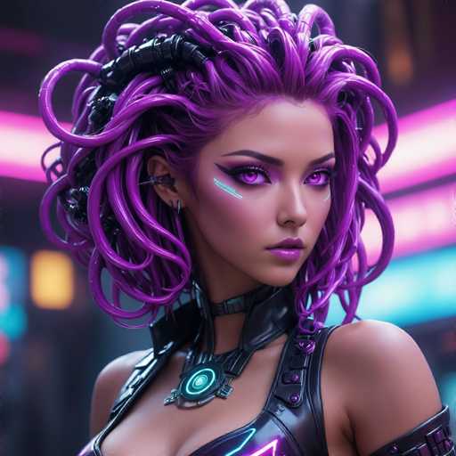 This image features a striking, computer-generated female character with a futuristic and cyberpunk aesthetic. She has vibrant purple hair styled in wild, stringy curls, with some sections appearing to be made of metal. Her eyes are a vivid purple, matching her hair, and she has purple lips. A notable feature is the teal line running from her right eye to her cheek, adding to her cyberpunk look. She is adorned with a black leather choker that has a glowing green circle in the center, and she wears a matching black leather vest with purple accents. Her attire includes a purple leather arm guard on her left arm. The background is blurred, with neon lights in pink and blue hues, enhancing the futuristic ambiance of the scene.