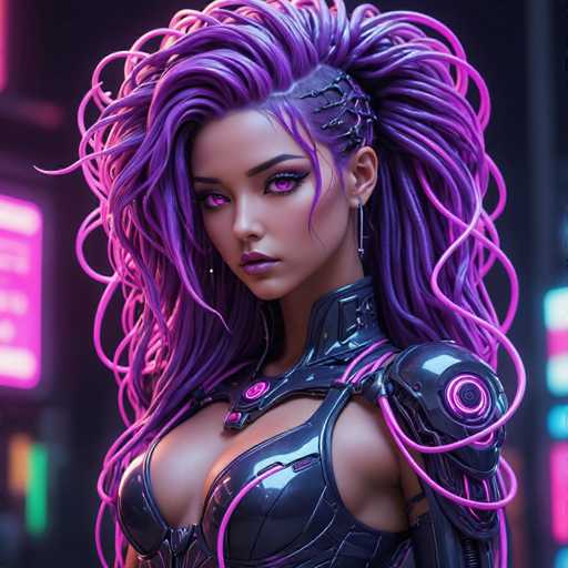 This image features a striking, computer-generated depiction of a female character with a futuristic, robotic aesthetic. The character has long, flowing hair that transitions from a deep purple at the roots to a lighter pink at the ends, giving it a vibrant, almost ethereal appearance. Her eyes are a mesmerizing pink, and her lips are painted a matching shade of purple, enhancing her otherworldly allure.

Her skin is a light tan, and she has a sleek, metallic neck that seamlessly connects to her chest. The chest area is adorned with a black, leather-like material that appears to be part of a sophisticated armor or suit. This armor is intricately designed, with pink accents that complement her hair and eyes. On her left shoulder, there is a prominent black circle with a pink center, adding to the futuristic and high-tech vibe of her appearance.

The background is blurred, featuring indistinct pink and green lights that suggest a high-tech or cyberpunk setting. The overall composition of the image is square, with the character's head positioned at the top and her chest at the bottom, creating a balanced and visually captivating portrait.