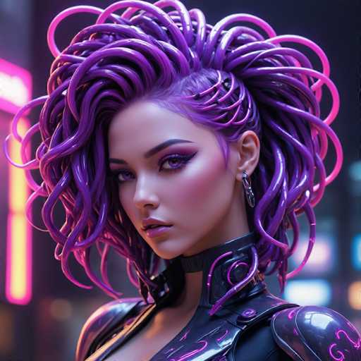 The image portrays a highly detailed, computer-generated depiction of a young woman, possibly in her late teens or early twenties. She has a striking appearance with a smooth, almost plastic-like complexion, and her eyes are a vivid purple color. Her hair is an elaborate mix of purple and pink hues, styled in a unique fashion that resembles thick, curly spaghetti or noodles, with some sections shaved on the sides. She is adorned with silver hoop earrings and a black leather choker that features purple accents. Her attire includes a black leather jacket with pink highlights, which appears to be form-fitting and possibly revealing a low neckline. The background is blurred, but it suggests an urban setting with hints of neon lights and possibly a cityscape, adding to the overall futuristic and cyberpunk aesthetic of the image.