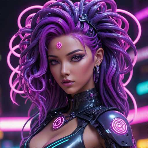 The image depicts a highly detailed, computer-generated female character, possibly from a video game or an AI-generated artwork. She has long, flowing hair that transitions from purple to blue, adorned with a black barrette. Her skin is a light tan, and she has striking purple eyes accentuated with black eyeliner. A pink swirl is prominently displayed on her forehead, adding to her unique appearance. She is dressed in a sleek, black leather outfit that includes a high collar and straps across her chest. A pink swirl is also visible on her left shoulder. The background is a dark, almost black, with pink neon lights that create a futuristic, cyberpunk atmosphere. The character is facing the camera, with her head slightly turned to the left, giving a sense of depth and dimension to the image.