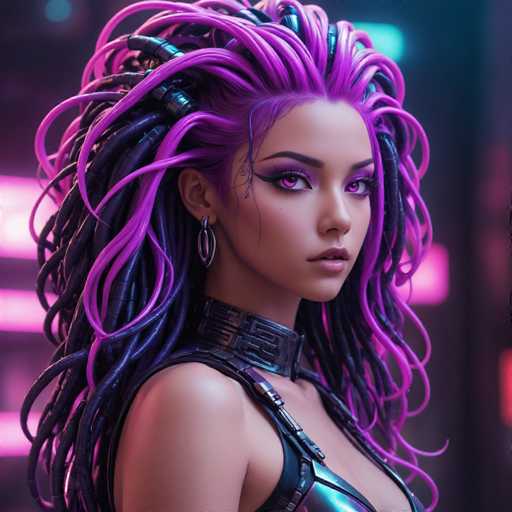 This image features a striking, computer-generated female character with an otherworldly appearance. She has long, flowing hair that transitions from a vibrant purple at the top to a deep blue at the ends, with sections intricately braided and adorned with metallic elements. Her skin is a light tan, complementing her purple eyes and matching purple eyebrows. She wears a sleek, black leather outfit that includes a choker-like collar and a sleeveless top, adding to her futuristic aesthetic. A silver hoop earring dangles from her right ear, and a distinctive tattoo or design is visible on the right side of her face. The background is a blurred mix of pink and purple hues, with a hint of a blue light in the upper left corner, enhancing the overall sci-fi ambiance of the scene.