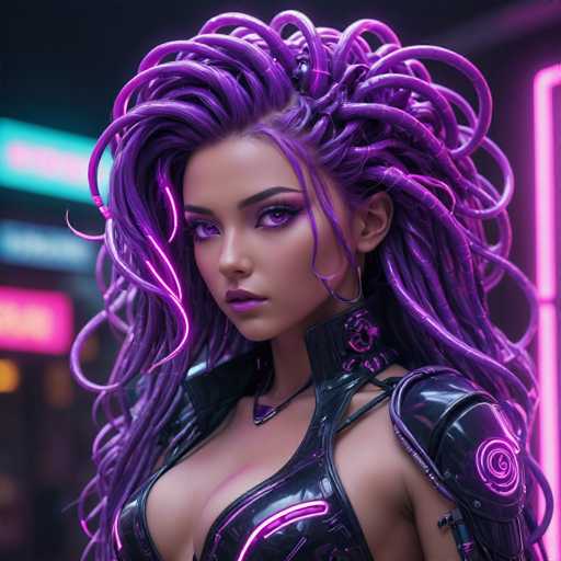 This image features a striking, AI-generated depiction of a woman with an otherworldly appearance. She has long, flowing hair that transitions from a deep purple at the roots to a lighter shade at the tips, with some strands curling and others cascading straight down. Her eyes are a mesmerizing purple, matching her lips and the intricate details of her attire. She wears a form-fitting black leather outfit adorned with purple accents, including a choker necklace and a chest plate that reveals her cleavage. Her left shoulder is covered by a black leather piece with a glowing purple swirl, while her right shoulder remains bare. The background is a dark, blurry mix of pink and blue neon lights, adding to the futuristic and surreal atmosphere of the image.