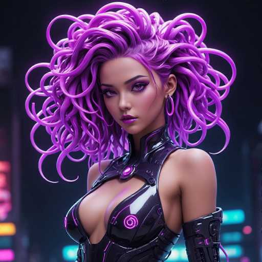 The image depicts a highly detailed, computer-generated female character, possibly from a video game or an AI-generated artwork. She has striking, curly purple hair that cascades down to her shoulders, with some strands curling back towards her head. Her eyes are a vivid purple, complemented by purple eyeshadow and matching purple lipstick. She wears a sleek, black leather outfit adorned with purple swirls and accents, including a high collar that extends up to her neck. Her left arm is covered by a black leather glove that reaches up to her bicep, while her right arm remains bare. She accessorizes with large hoop earrings. The background is a dark, blurred cityscape with indistinct buildings and neon lights in shades of pink, yellow, and blue, adding to the futuristic and cyberpunk aesthetic of the scene.