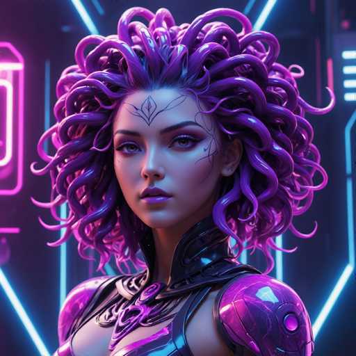 The image depicts a highly detailed, computer-generated female character with a futuristic, sci-fi aesthetic. She has striking, curly hair that resembles purple and pink snakes or tentacles, giving it a dynamic and wild appearance. Her face is adorned with intricate black markings, including a diamond shape on her forehead and lines extending from her eyes, adding to her otherworldly look. Her eyes are a captivating blue, and she wears purple lipstick that complements her overall color scheme. She is dressed in a form-fitting, metallic outfit that is predominantly purple and black, with a high collar that extends up to her neck. The background is dark, accentuated by neon lights in shades of purple and blue, enhancing the futuristic ambiance. The character's expression is serious, and she gazes directly at the viewer, creating a sense of intensity and engagement.