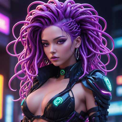 The image depicts a highly detailed, computer-generated or AI-generated artwork of a young woman, likely in her late teens or early twenties. She has a striking appearance with long, flowing purple hair that resembles dreadlocks or tentacles, cascading down to her waist. Her hair is intricately styled, with some sections shaved and braided, adding to the complexity of her look. She has a light complexion, accentuated by her purple eyeshadow and pink lipstick.

Her attire is equally elaborate, featuring a black leather outfit that includes a choker with a green circle, a breastplate adorned with glowing green circles, and shoulder pads that also feature the same green circles. The outfit is form-fitting, revealing her cleavage and part of her midriff. She accessorizes with large hoop earrings, adding to her futuristic, cyberpunk aesthetic.

The background is a blurred cityscape with neon lights in hues of purple, blue, and yellow, enhancing the sci-fi atmosphere of the scene. The woman is positioned slightly to the left, gazing directly at the viewer with a serious expression, her face illuminated by the ambient light. The overall composition and details suggest a high level of digital artistry, possibly from a video game or a piece of digital concept art.