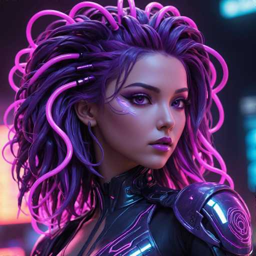 This image features a highly detailed, computer-generated depiction of a young woman, likely in her late teens or early twenties. She has a striking appearance with long, flowing hair that transitions from dark purple to light purple, interspersed with pink highlights. Her hair is adorned with pink tubes that resemble tentacles, adding a futuristic touch to her look. She has purple eyes and wears purple lipstick, complementing her overall color scheme. Her attire is a sleek, black leather outfit with pink accents, including a high collar and a shoulder pad on her left shoulder. The background is blurred, with indistinct lights in blue and yellow hues, suggesting an urban setting. The woman is positioned with her body facing the camera, but her head is turned to the right, giving a sense of alertness or curiosity.