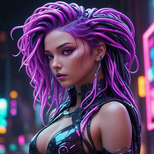 The image depicts a highly detailed, computer-generated scene of a young woman, likely in her late teens or early twenties. She has a striking appearance with a tan complexion and dark brown eyes. Her hair is styled in an intricate array of purple braids, with some sections appearing almost black. The braids are particularly voluminous and wavy, especially around her face, while the back sections are tightly pulled into a ponytail. 

Her makeup is bold, featuring dark purple eyeshadow and matching lipstick. She has a small nose and full lips, with a slight expression of being caught in the act of looking directly at the viewer. 

She is dressed in a form-fitting, black leather outfit that accentuates her figure. The outfit includes a corset-like top with a high collar, and it is adorned with various straps and intricate details. There are also pink and black tubes running from her neck down to her chest, adding to the futuristic aesthetic of her attire.

The background is blurred, suggesting a cityscape with neon lights, enhancing the overall ambiance of the scene. The combination of her detailed appearance and the futuristic setting creates a captivating and immersive visual experience.
