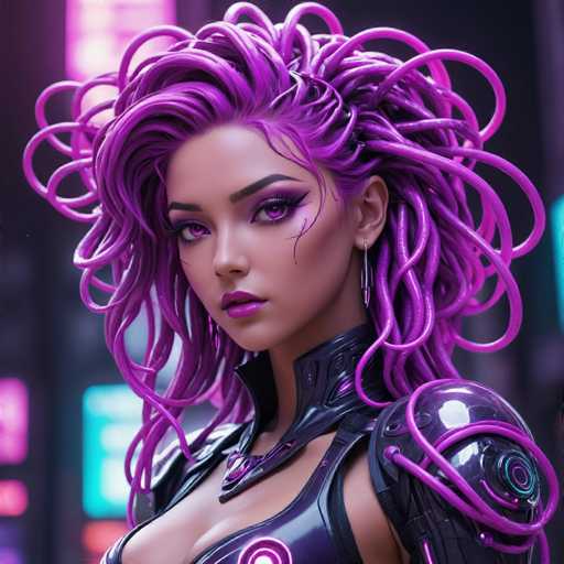 The image shows a close-up portrait of a woman with long purple hair styled in an intricate and elaborate manner. She is wearing a futuristic outfit that includes a metallic bodysuit adorned with neon lights. The background features a cityscape with neon signs and buildings illuminated by artificial light, creating a striking contrast against the dark night sky.
