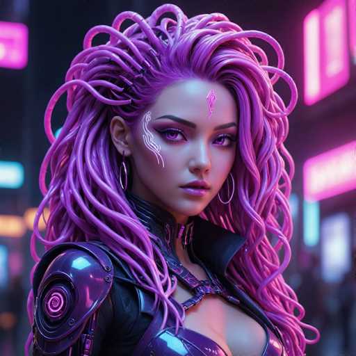 The image depicts a highly detailed, computer-generated female character, possibly from a video game or animated series. She has long, wavy purple hair that cascades down to her chest, with some strands styled into braids. Her hair is adorned with metallic elements, including small screws and wires, giving it a futuristic appearance. The character's skin is a light purple hue, complementing her striking purple eyes and lips. She wears large hoop earrings and a black leather outfit with a high collar, which features a purple strap across her chest. Her right shoulder is protected by a purple metal plate with a circular design. The background is blurred, filled with neon lights in shades of pink, purple, and blue, suggesting a vibrant, possibly cyberpunk setting. The character is facing slightly to the right, with a serious expression on her face.