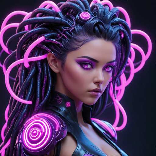 This image depicts a highly detailed, computer-generated female character with a futuristic and cyberpunk aesthetic. She has striking purple eyes and long, dark hair that transitions into black dreadlocks, interspersed with glowing pink neon tubes. Her face is adorned with purple eyeshadow and she has a serious expression. She is wearing a sleek, black leather outfit with pink accents, including a prominent pink swirl on her shoulder. The outfit is form-fitting, revealing her chest and adding to the overall sci-fi vibe. The background is black, which makes her glowing features and intricate details stand out even more. The character's design suggests she could be from a video game or a sci-fi movie, embodying a blend of human and robotic elements.