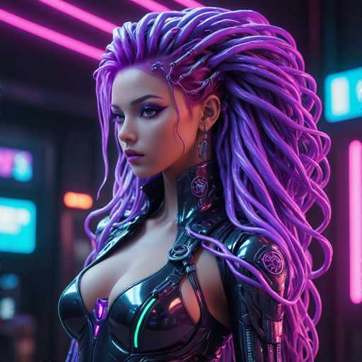 The image depicts a highly detailed, computer-generated female character with an otherworldly appearance. She has long, flowing purple hair that cascades down her back, interspersed with metallic elements that resemble small bones or robotic components. Her skin is a light tan, and she has striking blue eyes accentuated by heavy purple eyeshadow and eyeliner. Her lips are painted a vivid purple, and she wears a single earring on her left ear. 

Her attire is a form-fitting, black leather outfit that reveals her cleavage and extends up to her neck. The outfit features intricate details, including a purple clasp on the left side of her chest and a strap that runs over her left shoulder. The right side of her chest is adorned with a purple, glowing emblem. Her left arm is also covered in the same black leather material, with a glowing purple circle on her shoulder and additional glowing accents on her forearm.

The background is dark, illuminated by neon pink and blue lights that create a futuristic, cyberpunk atmosphere. The character is positioned slightly to the left, gazing off into the distance, adding to the enigmatic and sci-fi ambiance of the scene.