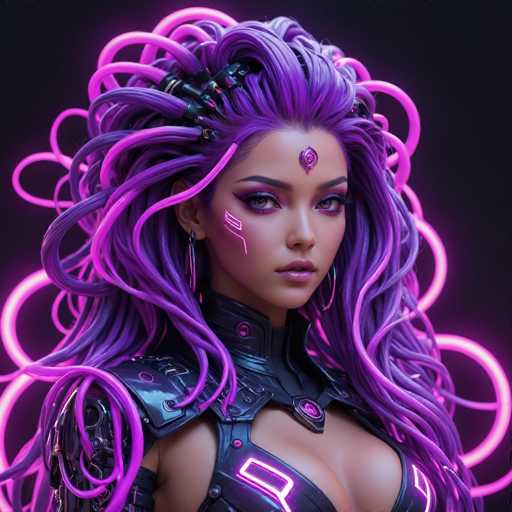 This image features a striking, computer-generated depiction of a woman with an otherworldly appearance. She has long, flowing hair that transitions from a deep purple at the roots to a lighter purple at the tips, interspersed with pink highlights. Her hair is adorned with intricate accessories, including a black barrette and a pink barrette, adding to its elaborate style. The woman's face is framed by thick black eyebrows and long eyelashes, accentuating her purple eyes. She wears a pink, circular symbol on her forehead, resembling a swirl or a flower, and has a matching pink line on her cheek. Her lips are painted a soft pink, and she sports large hoop earrings. She is dressed in a black leather outfit that reveals her cleavage, with pink accents and a glowing pink line on her chest. The background is a dark gray, almost black, with neon pink swirls that enhance the futuristic and sci-fi aesthetic of the image.
