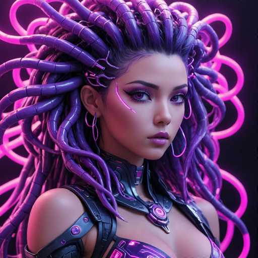 This image features a highly detailed, computer-generated depiction of a female character, possibly from a video game or animated series. The character has a striking appearance with a blend of human and robotic elements. She has a fair complexion and is adorned with large, hoop earrings. Her eyes are a captivating shade of purple, complemented by purple eyeshadow and matching lipstick. 

Her hair is an elaborate mix of black and purple, styled into numerous braids and dreadlocks that cascade down her back. Some of these braids are illuminated by a pink light, adding a futuristic glow to her look. The character is dressed in a form-fitting, metallic outfit that appears to be a combination of leather and plastic. The outfit is predominantly black with intricate purple accents, including a purple circle on her chest and purple straps over her shoulders.

The background of the image is a deep black, which enhances the character's vivid colors and intricate details. The overall aesthetic suggests a fusion of fantasy and technology, making the character appear both organic and mechanical.