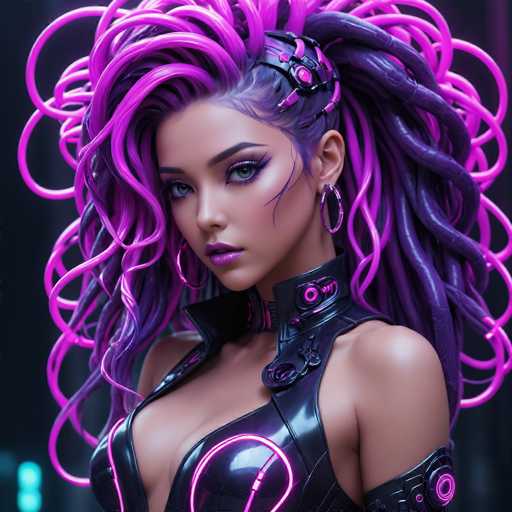 This image portrays a highly detailed, computer-generated depiction of a young woman, likely in her late teens or early twenties. She has a striking appearance with a tan complexion and vivid blue eyes. Her hair is an elaborate mix of purple and pink, styled in a voluminous, almost Medusa-like fashion, with sections that appear to be made of plastic or metal. Some strands are straight while others are curly, and they cascade down her back in a chaotic yet mesmerizing manner.

Her makeup is bold and futuristic, featuring purple lipstick and dramatic black eyeliner that extends into a cat-eye shape. She wears large, hoop earrings that are pink and purple, complementing her overall aesthetic.

Her attire is a form-fitting, black leather outfit adorned with pink accents. The outfit includes a high collar that extends up to her neck, and a chest plate with a pink circle design. Her shoulders are bare, and there are pink accents on her arm, possibly part of a mechanical or robotic exoskeleton.

The background is dark, with a hint of green light in the bottom left corner, adding to the mysterious and futuristic ambiance of the image. Overall, the image exudes a strong sci-fi or cyberpunk vibe, blending elements of high fashion with advanced technology.
