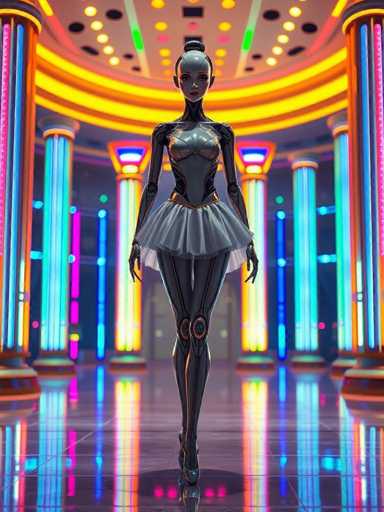 The image depicts a highly detailed, computer-generated scene of a futuristic ballerina. The ballerina is a humanoid robot with a sleek, metallic body, featuring a gray head with a bun on top and a face that includes red lips and brown eyes. She is adorned in a tutu with a gold waistband and black tights, complemented by black ballet slippers. Her arms are extended to her sides, and she stands on her toes, exuding an elegant pose.

The setting is a vibrant, neon-lit room with a highly reflective floor that mirrors the colorful lights. The room is filled with tall, cylindrical columns that are illuminated in various hues of blue, pink, yellow, and green. The ceiling is also adorned with neon lights, adding to the futuristic ambiance. The overall scene is bathed in a spectrum of colors, including black, white, gray, yellow, orange, pink, purple, and blue, creating a visually striking and immersive environment.
