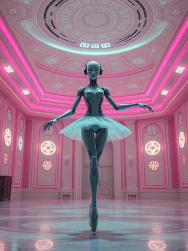 The image depicts a highly detailed, computer-generated scene featuring a humanoid robot ballerina standing gracefully on her toes in the center of an expansive, ornate room. The robot, with a sleek, metallic gray body, is adorned in a sheer, white tutu that contrasts elegantly with her mechanical form. Her head is bald, and she wears headphones, adding a modern touch to her classical dance pose. The room itself is grand, with a high ceiling that features intricate circular designs and pink lighting that casts a soft glow throughout the space. The walls are predominantly white with pink accents, and the floor is a reflective gray marble, adding to the room's luxurious ambiance. The overall aesthetic blends elements of classical ballet with futuristic technology, creating a captivating and surreal visual experience.