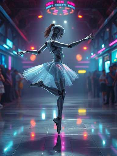 The image depicts a futuristic scene with a robot ballerina performing on stage. The ballerina is wearing a white tutu and silver boots while executing a dance move that includes a spin and a jump. The background shows the interior of a theater or performance venue, with a large screen and other performers visible in the distance.