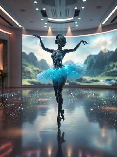 The image depicts a highly detailed, computer-generated scene of a ballerina in a striking pose. The ballerina, who appears to be made of a metallic or plastic material, is standing en pointe on her right foot, with her left leg bent and raised behind her. Her arms are gracefully extended to the sides, and her head is turned to the right. She is adorned in a light blue tutu that flows around her, and her upper body is covered by a metallic bra-like top. Her hair is styled in a bun, and she wears a silver headpiece. The floor beneath her is reflective, creating a mirror-like effect that adds to the surreal atmosphere of the scene. Surrounding her on the floor are small, white, star-like sparkles that enhance the magical ambiance. In the background, a large curved screen displays a serene landscape of mountains, clouds, and a blue sky, adding depth to the setting. The ceiling above features a grid of lights, contributing to the overall futuristic and ethereal aesthetic of the image.