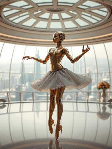 A gold-colored robot figure is captured mid-jump on a white surface, with its arms outstretched and legs bent at the knees. The robot's pose suggests it might be dancing or performing an acrobatic stunt. In the background, there are two chairs and a vase of flowers, adding to the room's ambiance.